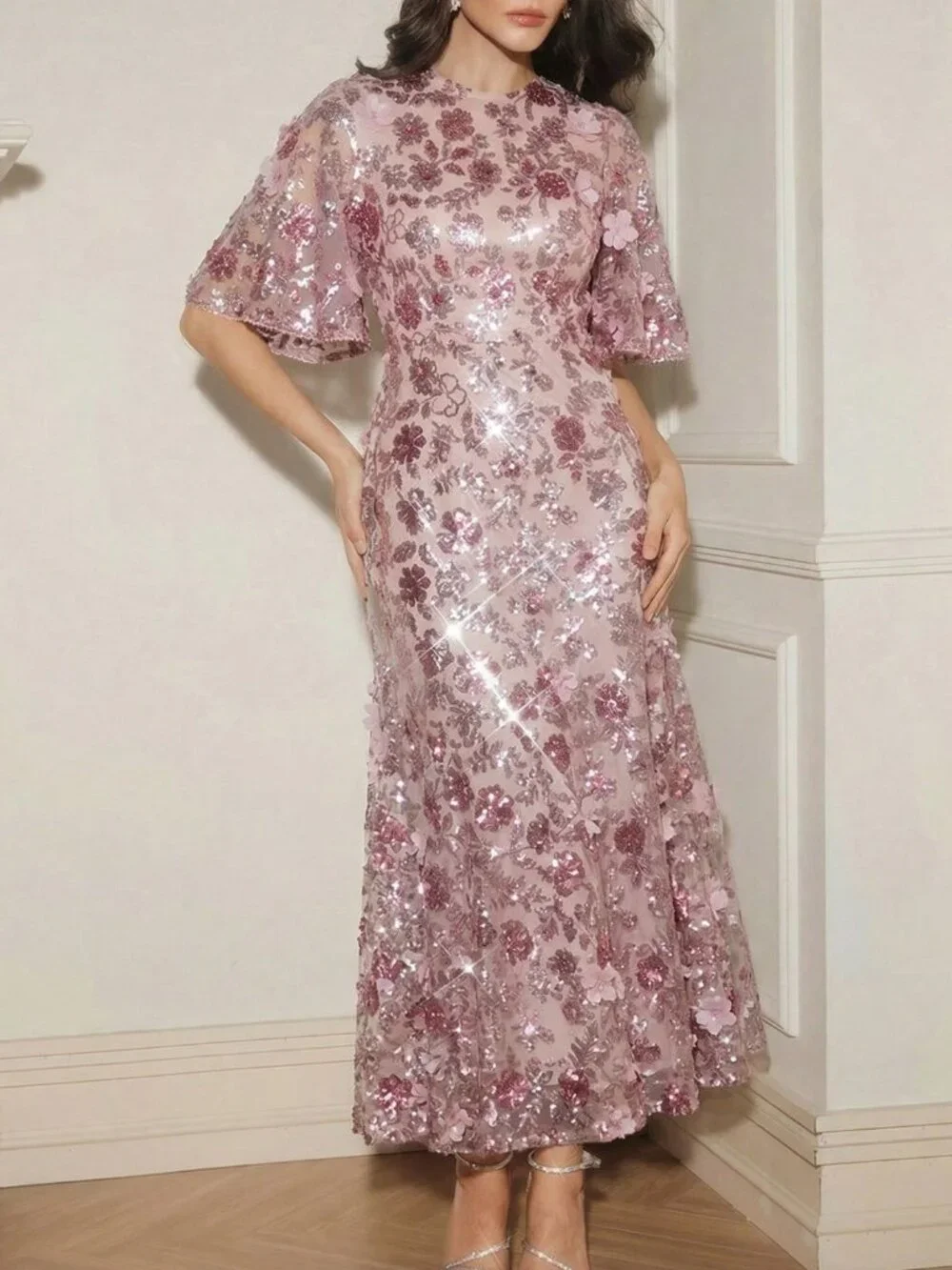 Pink Elegant Women's Floral Mesh Ruffle Trim Sequin Short Sleeve Dress